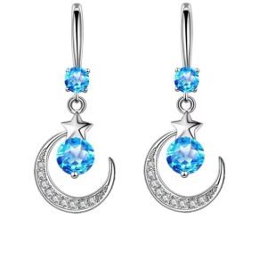 Female Fashion Star Moon Earrings 925 Sterling Silver White Sapphire Pink Blue White Artificial Dangle Earrings