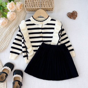 Gấu lãnh đạo bé gái quần áo phù hợp với màu đen và sọc trắng tai cạnh áo Cardigan Dệt Kim + màu trơn Chân Váy Ngắn Bộ mùa đông cô gái thời trang quần áo 2-6 năm