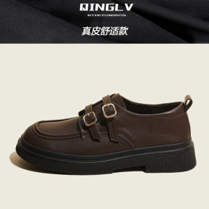 Comfortable Soft Leather Slip-On Thick Heel Deep Mouth Womens Shoes British Style Fall Fashion Match Skirts round Toe Low Heel