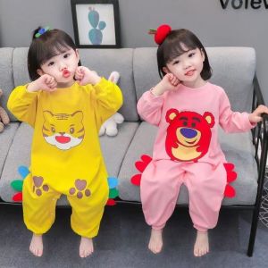 Pure Cotton Long Sleeve Footed Pajamas for Girls Spring Autumn Style Cartoon Cute Yellow Tiger Strawberry Bear Baby Home Clothes