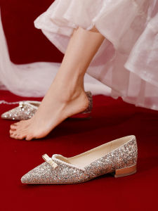 Comfortable Flat Wedding Shoes for Women Two-Way Wear Maternity Shiny Crystal Main Wedding Dress Show Heel Bride Shoes