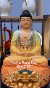 Tượng Phật A Di Đà ngồi đài sen vàng áo rũ 2 màu vàng và đỏ
