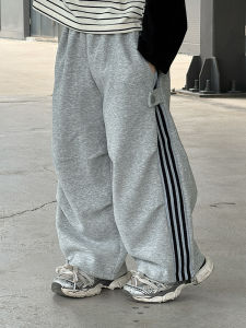 Gray Sports Pants for Boys Spring Autumn Loose Fit Childrens Clothing Korean Style Trousers with Elastic Waistband