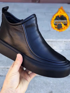 Leather Shoes Mens Casual Fashion Fleece Lined Side Zipper Leather Shoes Comfortable Breathable Short Martin Boots Winter