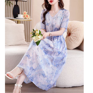 MAIMEI | Elegant Floral Print V-Neck Chiffon Midi Dress Belted Waist Slimming Anti-Aging Summer New Style A-Line Skirt Short Sleeve