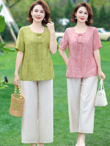 Mom Summer Clothes Cotton and Linen Suit 50-Year-Old Womens Clothing Pure Cotton T-shirt Short Sleeve Tops Pure Color Chinese Style Two-piece Set