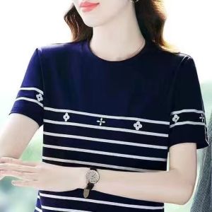 Sweet Pink Stripe Short Sleeve T-shirts Women Summer 2023 New Style Young Mother Loose Plus Size Korean Version Sport tees Top Showing Slim