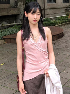 chaqi | French Vintage Ruffle Hem V-neck Strap Vest Summer Design Gathered Waist Beautiful Back Outerwear Top For Young Girls