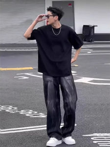 เสื้อยืดคอกลมแขนสั้นผ้าฝ้ายแท้สีดำสไตล์อเมริกันสำหรับผู้ชาย ทรงหลวม ระบายอากาศได้ดี ทรงปกติ ฤดูร้อน 2025 แบรนด์ Bann Mu