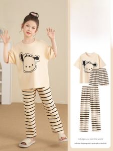 MiiOW | Áo ngủ cotton mùa hè cho bé gái tay ngắn mỏng in họa tiết hoạt hình dễ thương quần dài mặc nhà thoải mái thoáng khí cho bé gái từ 2-12 tuổi