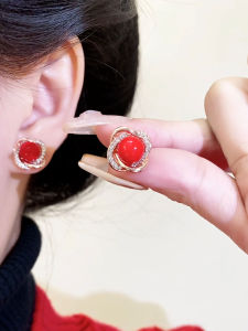 Red Imitation Pearl Silver Needle Earrings Womens Elegant Fashion Jewelry Small Size New Years New Style Elegant Atmosphere