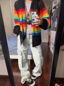 เสื้อสเวตเตอร์ถักลายสก็อตแบบมีฮู้ดสีรุ้งสำหรับผู้ชาย ฤดูใบไม้ผลิและฤดูใบไม้ร่วง สไตล์ลำลอง แขนยาว ปกติ ปกติ