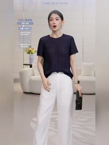 Silk Elegant Summer Womens Short Sleeve Round Neck Shirt