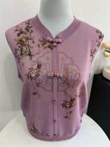 ใหม่ 2024 เสื้อฐานถัก Qipao ปกเสื้อ วัยกลางคนและผู้สูงอายุ ผู้หญิง ทันสมัย หลวม Fit เสื้อสเวตเตอร์ ประดับเพชร