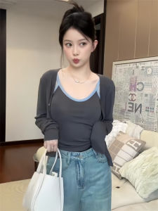 เสื้อคลุมคาร์ดิแกน ชุดเสื้อกั๊กแขนยาวสีเทา ชุดสองชิ้น เสื้อผ้าทำงานสำหรับผู้หญิง สไตล์ลำลอง ปกติ