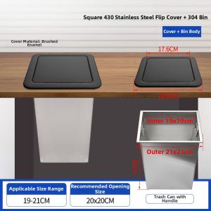 CUNGSA | Flap Lid Stainless Steel Square Kitchen Trash Bin