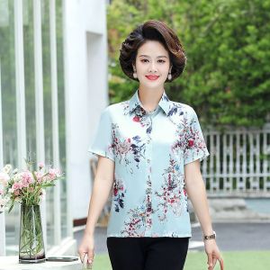 Middle-aged Elderly Mother Summer Western Style Shirt Top Women 40 Years Old 50 Short-Sleeved Large Size Simulation Silk Loose Printed