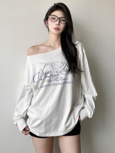 Kliou Casual Retro Ins Print One-Shoulder Cold-Shoulder Long Sleeves T-shirt Female Stylish Slim Looking Loose All-Matching Top