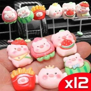 12Pcs Watermelon Pig Car Ornament DIY Dashboard Center Console Spring Shaking Head Cute Jewelry Auto Interior Accessories