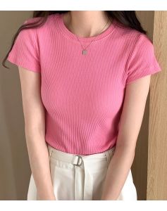 Womens Small Fresh Solid Round Neck Thread Short Sleeve T-shirt Korean Multi Color Basic Universal Slim Fit Top