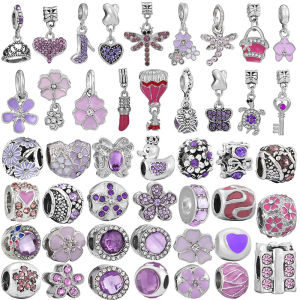 2024 New Silver Plated Purple Crown Heart Diamond Pendant Charm Beads For DIY Bracelet Necklace Jewelry Accessories Gift