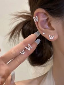AURORA Real 925 Silver Butterfly Shiny Zircon Stud Earrings Jewelry ES925-44