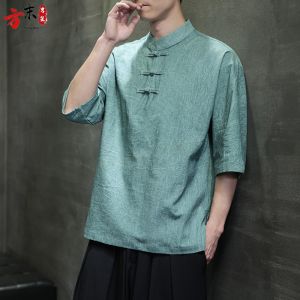 Retro Button-Up Cotton Linen Loose Fit Summer Thin Short Sleeve T-Shirt Chinese Style Casual Loose Large Size Body Shirt