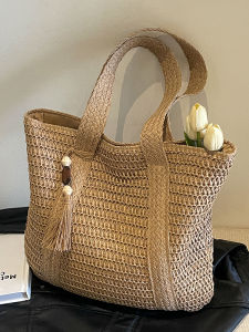 Ladies Large Capacity Straw Woven Tote Bag Commuter Fashionable Trendy Basket Bag Soft Handle Korean Style Youth Casual Bag