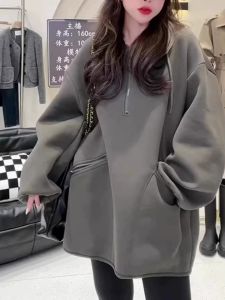 พลัสไซส์ เสื้อฮู้ด หนาขึ้น แขนยาว เสื้อสเว็ตเชิ้ต หลวม Fit ฤดูใบไม้ร่วง ฤดูหนาว เสื้อแจ๊กเก็ตสําหรับผู้หญิงหนัก Apple และ Pear Body Types