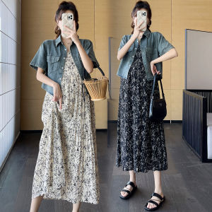 Bộ Đồ Hai Mảnh Mùa Hè Cho Bà Bầu Áo Sơ Mi Denim Thường Ngày Váy Hoa Áo Khoác Denim Bộ Đồ Hai Mảnh Thời Trang Cho Bà Bầu