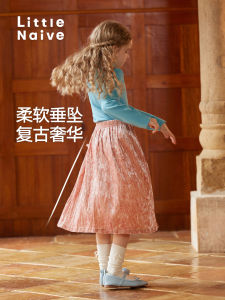Váy Nhung LittleNaive Cho Bé Gái Mùa Thu Đông Mới Váy Nhung Nhún Gấp Cổ Điển Váy Nửa Thân Cho Trẻ Em Váy Chữ a Thường Ngày