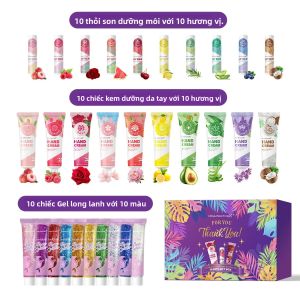 Bộ Quà Tặng Lấp Lánh Dành Cho Nữ - 10 Bộ/hộp Với Kem Dưỡng Tay Son Môi Thiệp Cảm Ơn Lá Xanh Và Túi Quà Bằng Vải Voan