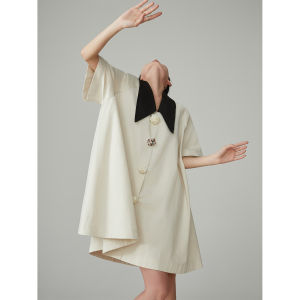 XIAODADEHUA | Retro Color Contrast Turn-Down Collar Loose Fit Shirt Dress