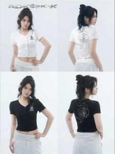 American Chic V-neck Short Sleeve Top with Rose Embroidery Wooden Ears Button Design
