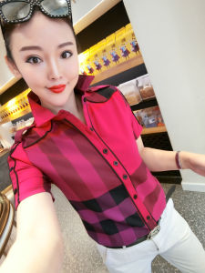 Áo Sơ Mi Tay Ngắn Kẻ Sọc Cổ Điển Cho Nữ Mùa Hè Hàng Mới Về Có Cổ Đứng Slim Fit Cotton Polyester Áo Đi Làm