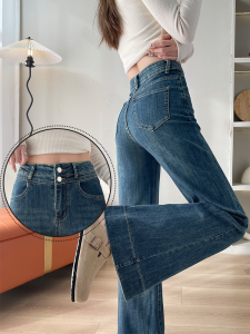 กางเกงยีนส์ทรงหลวมเอวสูงทรงขาบานสไตล์ย้อนยุคสำหรับผู้หญิง กางเกงขายาวทรงหลวมสำหรับฤดูใบไม้ผลิและฤดูใบไม้ร่วง