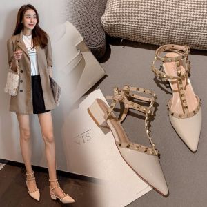 Closed Toe Rivet Sandals 2024 New Arrival Spring and Autumn High Heels Easiest for Match Fashion Pointed Toe Mid-Thick Heel Flat Womens Shoes