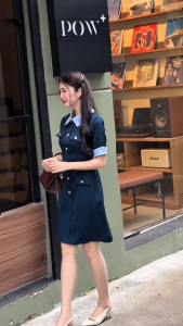 Đầm thiết kế BEMINE cổ đức phối kẻ sọc dáng chữ A phù hợp đi làm-B119