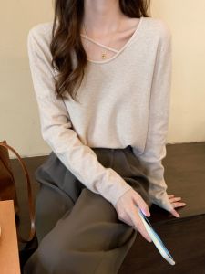 Early Autumn Knitted Long Sleeve round Neck Base Shirt Womens Inner Wear Gentle Style Unique Top Commute Style Loose Fit