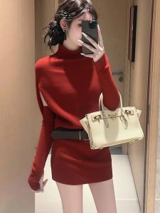 SHANGSHA | High-End Elegant Red Knit Dress