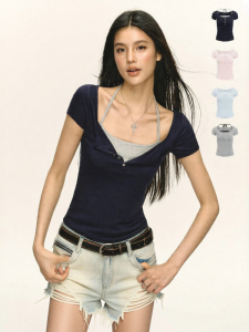 Ariseism | Vintage American Design Rhinestone Faux Two-Piece Slim Fit T-Shirt