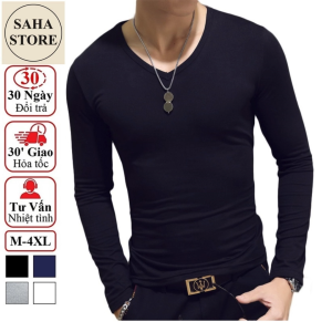 Áo thun nam dài tay SAHA361 trơn cổ tim tròn đen trắng xanh than xám body cotton phông giữ nhiệt thu đông classic