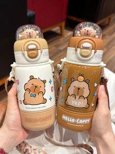 ถ้วยน้ำสแตนเลสแบบมีด้ามจับเดินทางสำหรับเด็ก ถ้วยน้ำร้อน/เย็นแบบอัตโนมัติสำหรับนักเรียน ดื่มได้สองทาง ดีไซน์น่ารัก