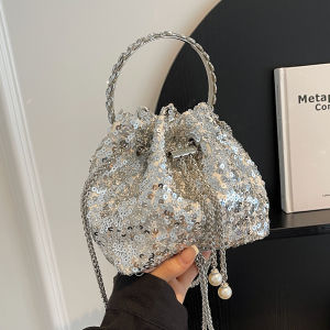 Fashionable Korean Style Sequin Design Bucket Handbag Womens Crossbody Bag Soft PU Leather Casual Single Shoulder Bag