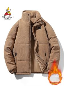 เสื้อแจ็คเก็ตผ้าคอร์ดูรอยหนาสำหรับผู้ชาย ฤดูใบไม้ร่วง/ฤดูหนาว อบอุ่น ป้องกันลม ปกตั้ง หลวมๆ ระบายอากาศได้ดี เสื้อคลุมแบบสวมหัว