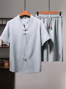 ROMON | Lormen Chinese Style Short Sleeve Shirt Summer Casual Mens Set Polyester Fiber Dads Outfit Flat Iron Treatment Required