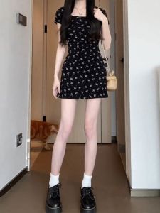 Black Floral Short Sleeve Knitted Dress Womens Fashion Slim Fit Mini Skirt High Waist Casual Style Autumn Winter New Arrival