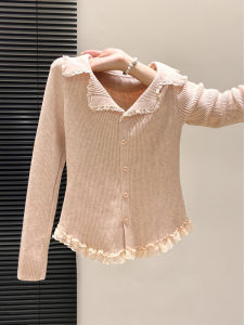 2026 New Style French Lace Trim V-Neck Long Sleeve Knitted Blouse Spring