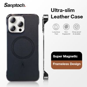 Sanptoch เคสโทรศัพท์หนังไร้ขอบสำหรับ Magsafeสำหรับ iPhone 16 15 14 Pro Max บางเฉียบเป็นมิตรต่อผิวหนังฝาหลังสำหรับ iPhone 16 Plus เคสกันกระแทกแม่เหล็กสุดหรู