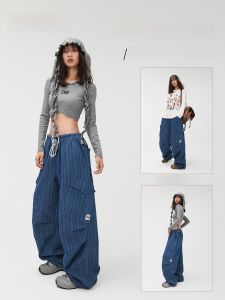 CBXLAB Street Dance อินเทรนด์ ยี่ห้อ ฮิปฮอป Deep Blue แนวตั้ง ลายทาง เดนิม กางเกงลำลอง Vintage Nomadic Style Jazz หลวม Fit กางเกงขายาว